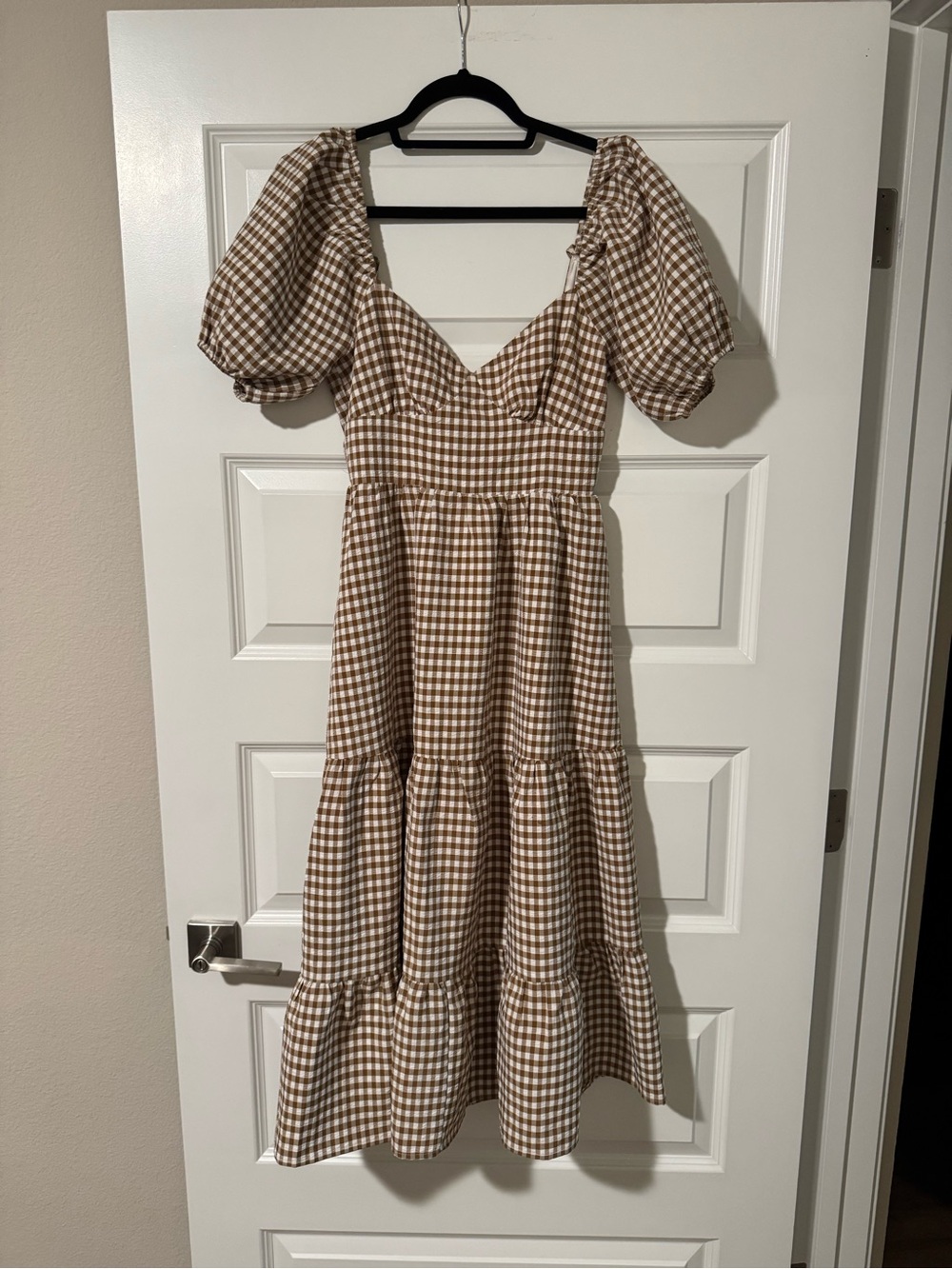Brown Gingham Puff-Sleeve Tiered Midi Dress